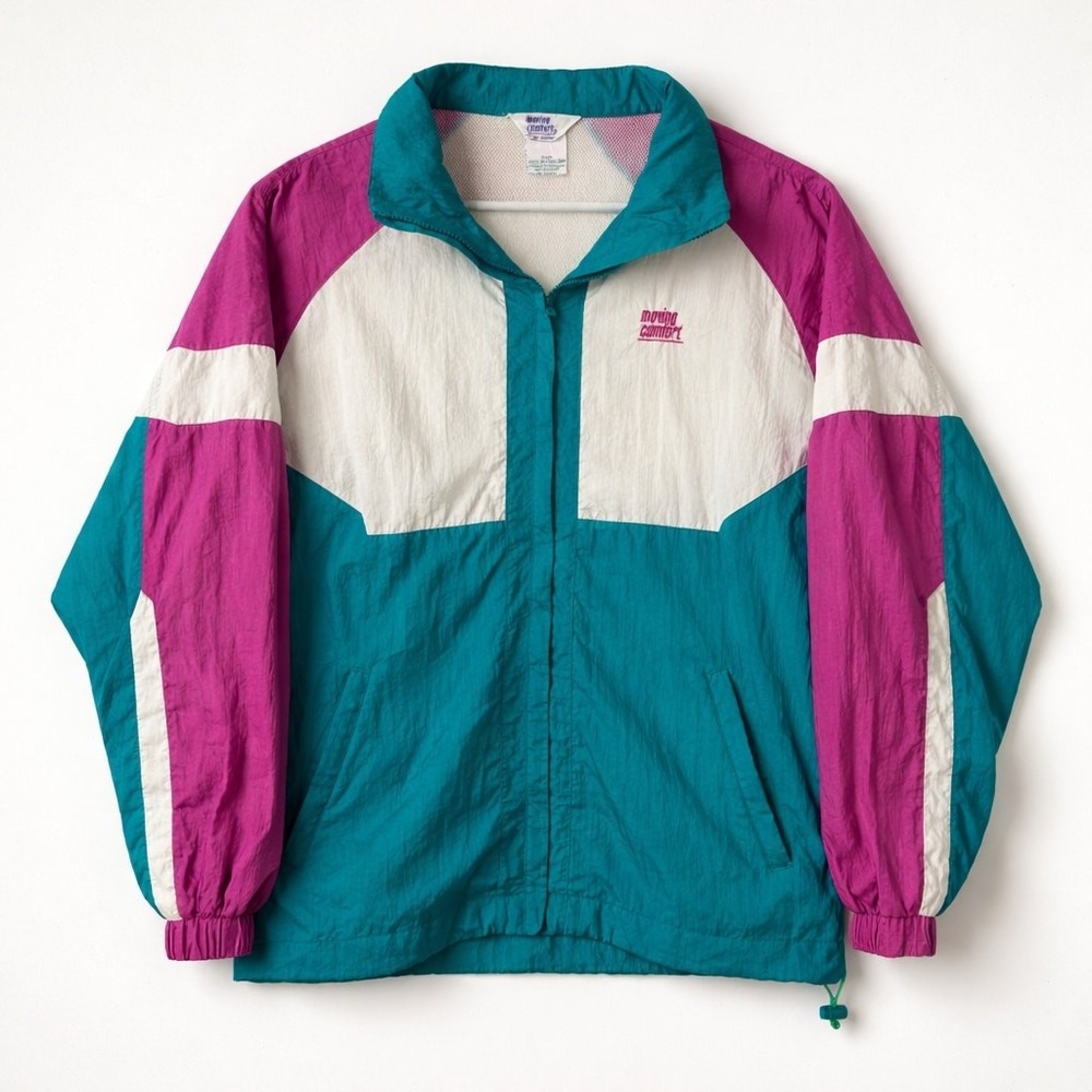 Vtg 90s Moving Comfort Colorblock Windbreaker Jacket Teal Magenta White Womens M